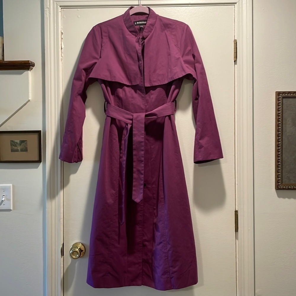 J. Peterman Brushed Cotton Blend Purple Plum Belted Trench Coat
